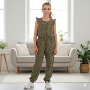Joe Fresh Girl's L (10-12) Army Green Floral Print Cap Sleeves Jumpsuit